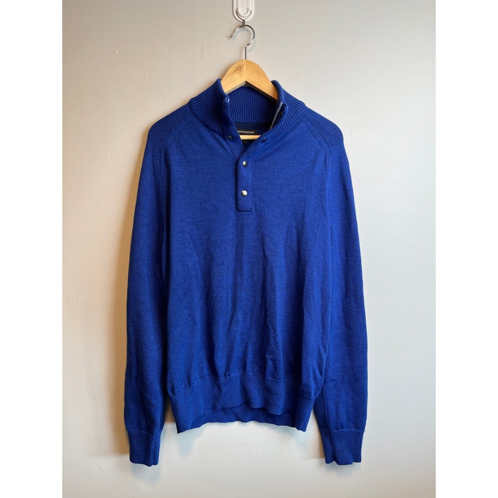 Banana‎ Republic Snap Mock Neck Merino Sweater Blue L Eclectic Grandpa Quiet Lux